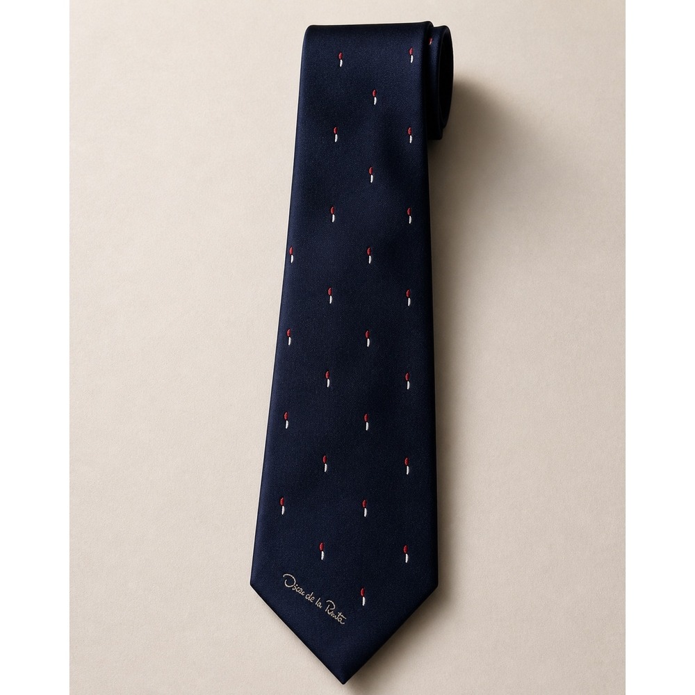 Oscar de la Renta Mens Navy Blue Silk Micro Pattern Logo Necktie Designer